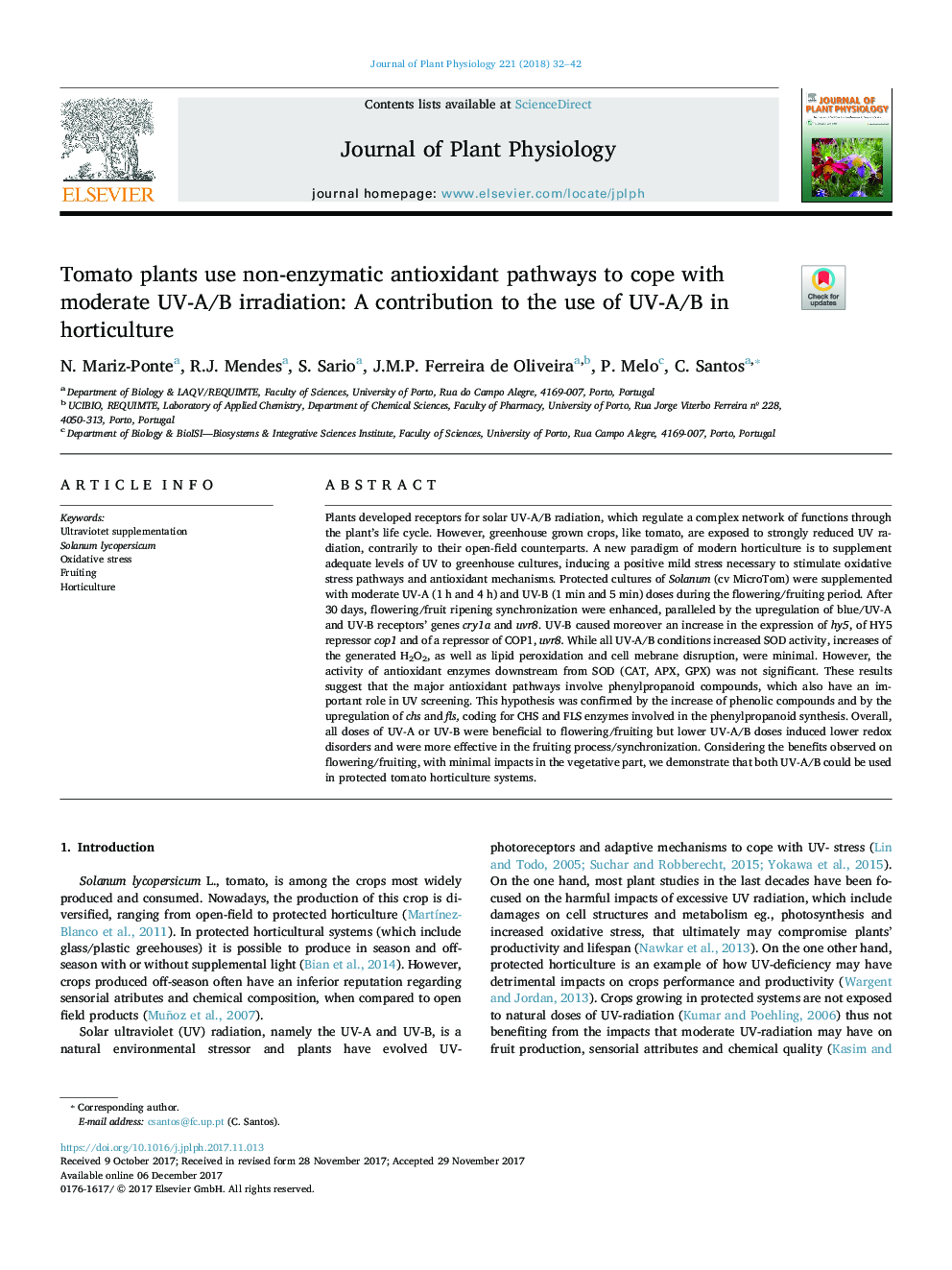 Tomato plants use non-enzymatic antioxidant pathways to cope with moderate UV-A/B irradiation: A contribution to the use of UV-A/B in horticulture