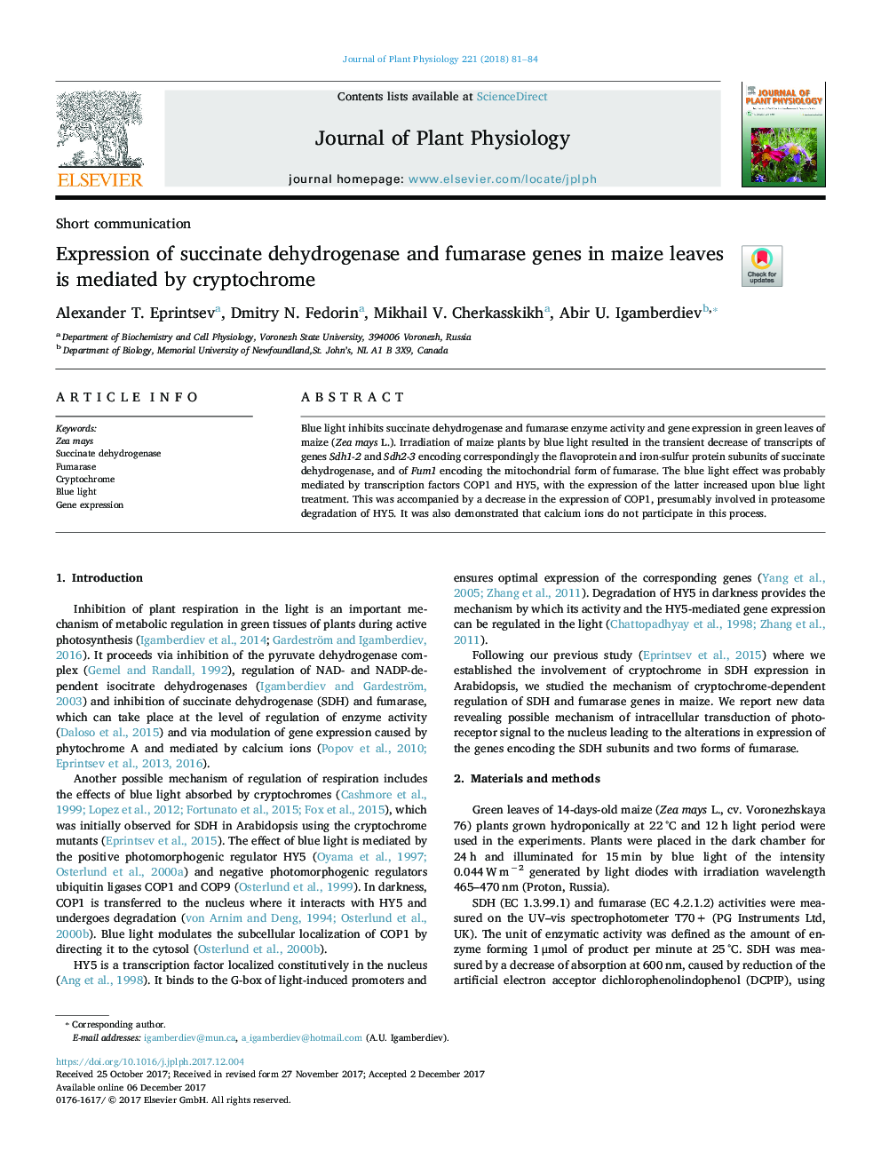بیان ژنهای سوکسیناد دهیدروژناز و فوماراز در برگ های ذرت با استفاده از کریپتوچروم 