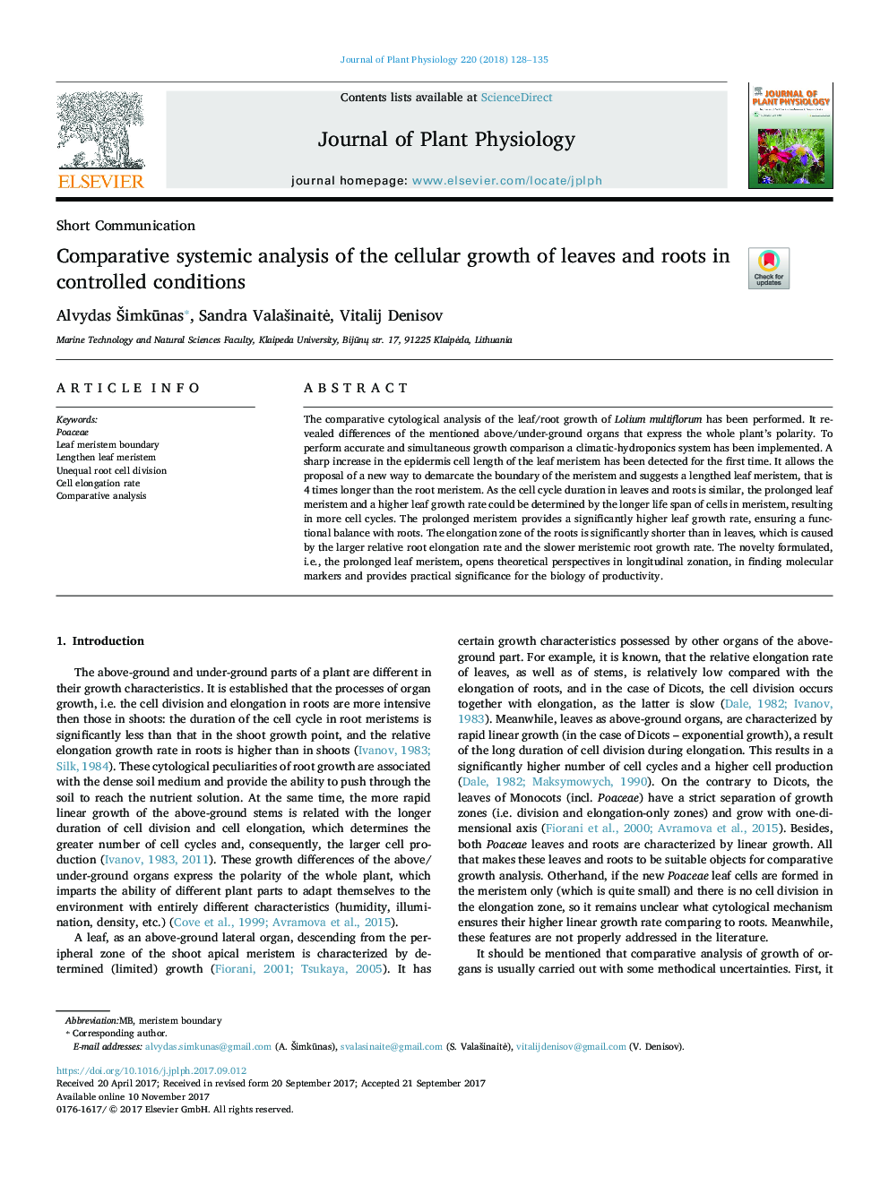 Comparative systemic analysis of the cellular growth of leaves and roots in controlled conditions