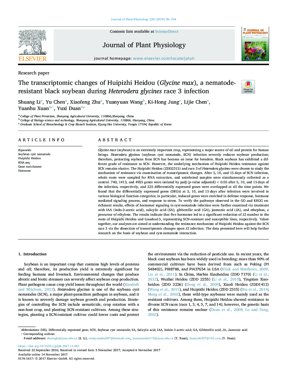 The transcriptomic changes of Huipizhi Heidou (Glycine max), a nematode-resistant black soybean during Heterodera glycines race 3 infection