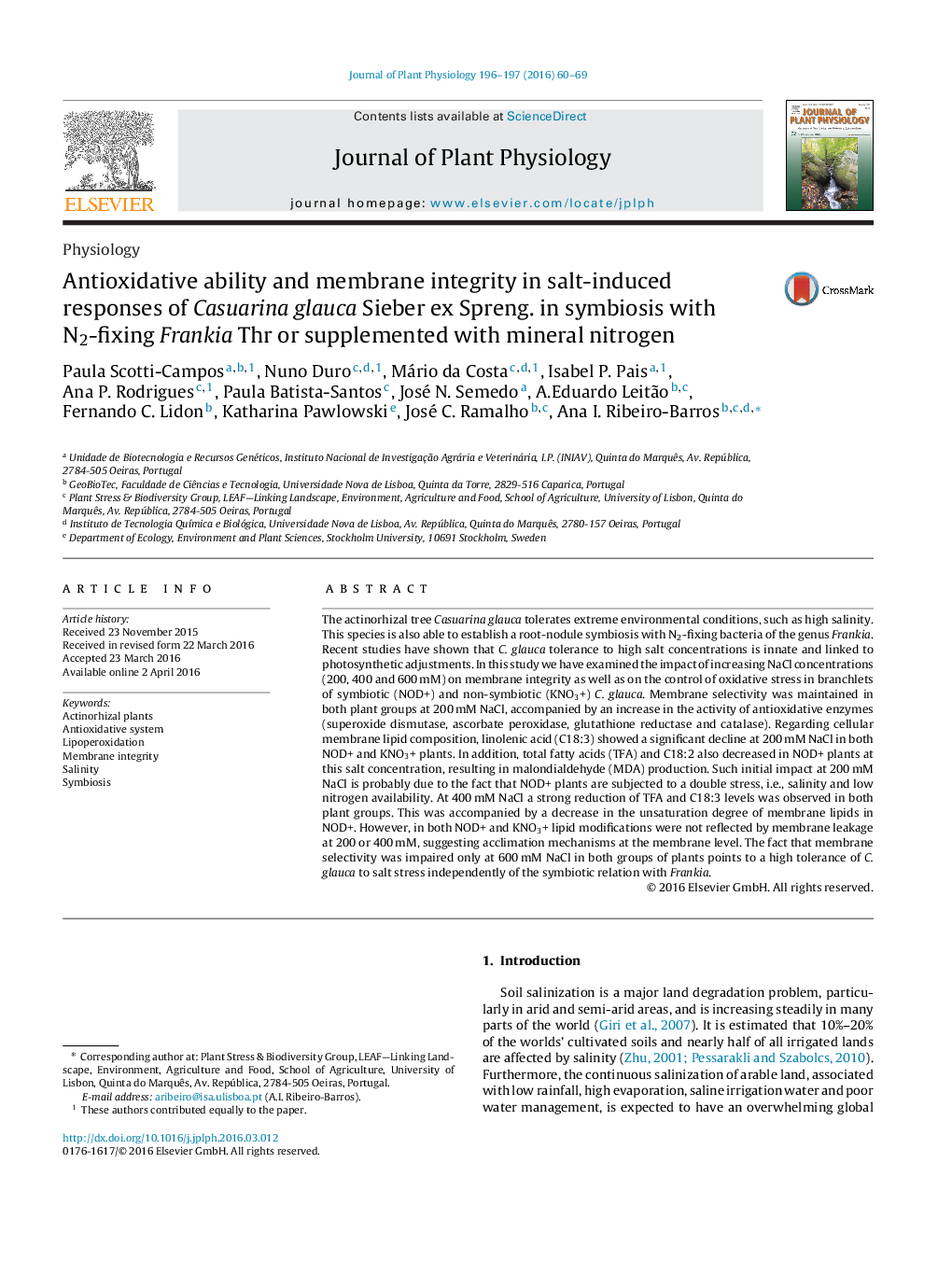 Antioxidative ability and membrane integrity in salt-induced responses of Casuarina glauca Sieber ex Spreng. in symbiosis with N2-fixing Frankia Thr or supplemented with mineral nitrogen