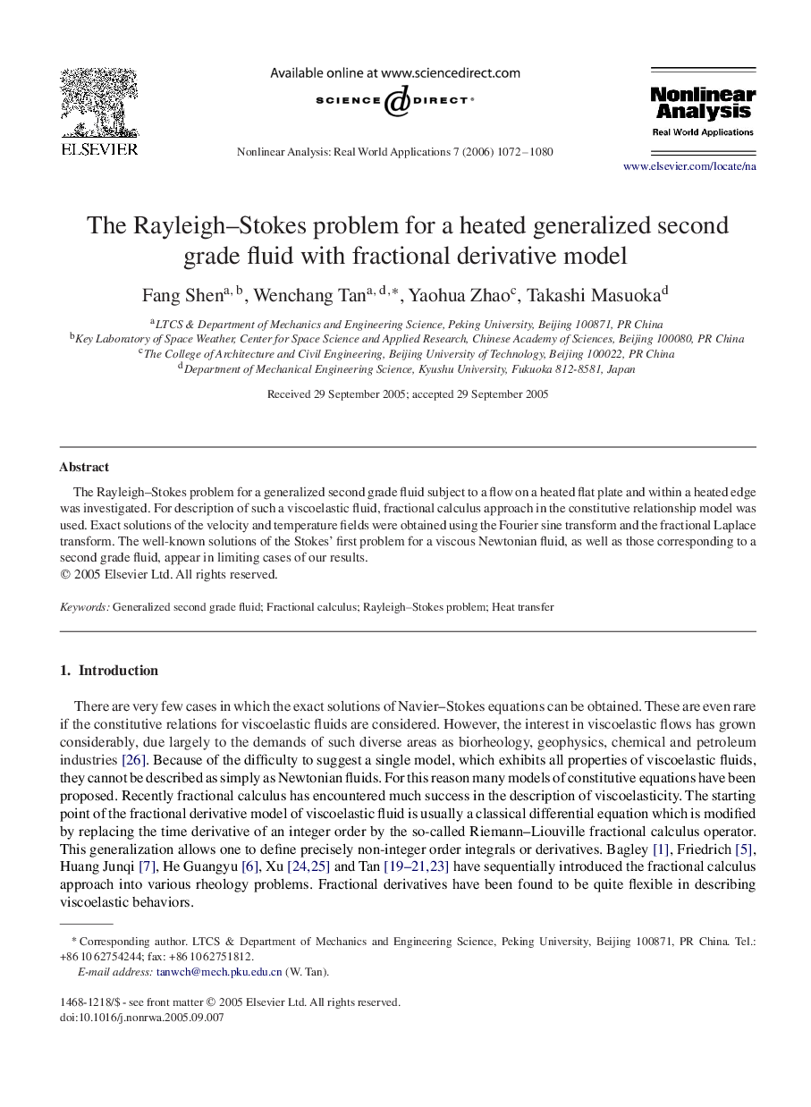 The Rayleigh–Stokes problem for a heated generalized second grade fluid with fractional derivative model