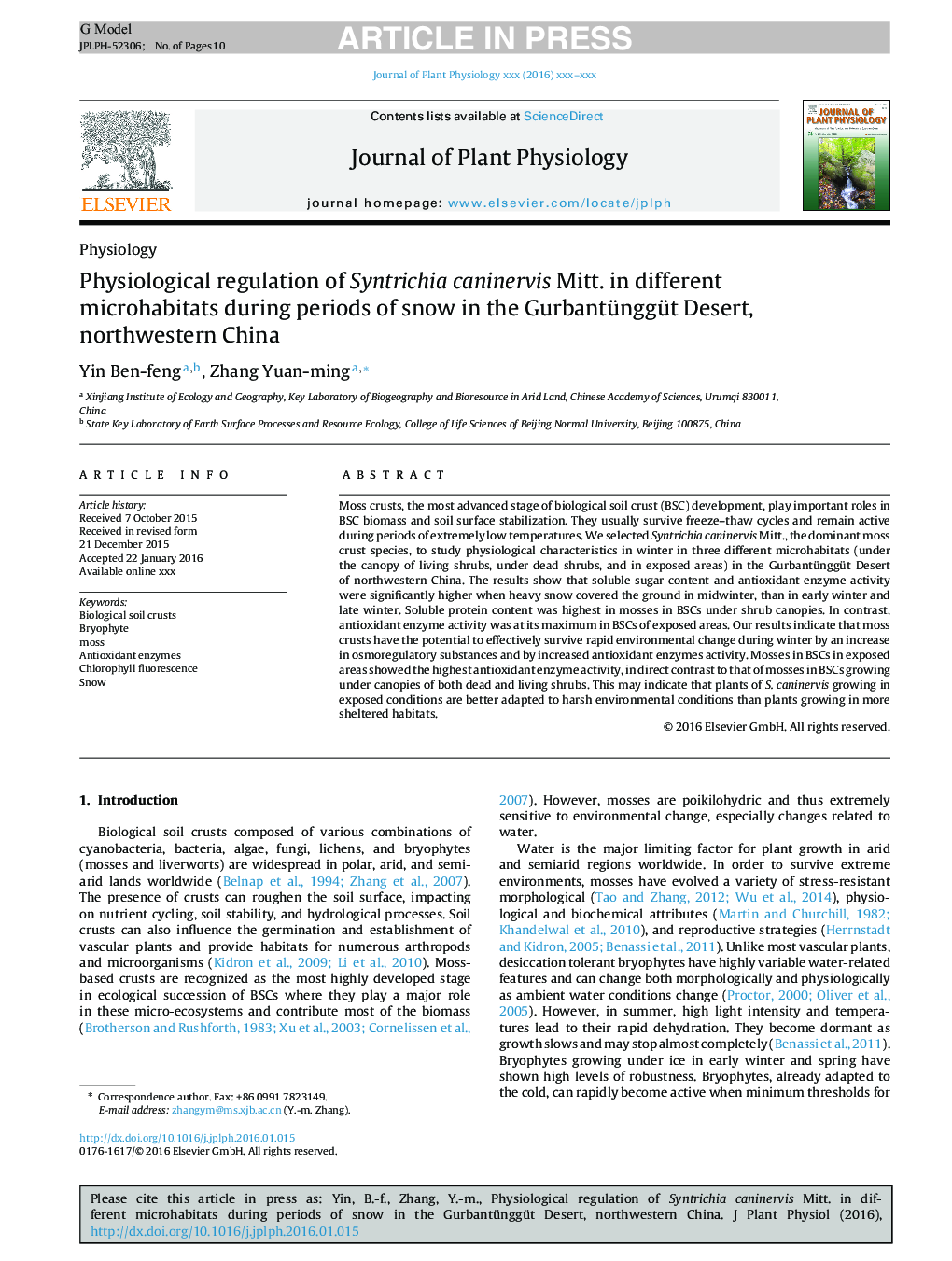 Physiological regulation of Syntrichia caninervis Mitt. in different microhabitats during periods of snow in the Gurbantünggüt Desert, northwestern China