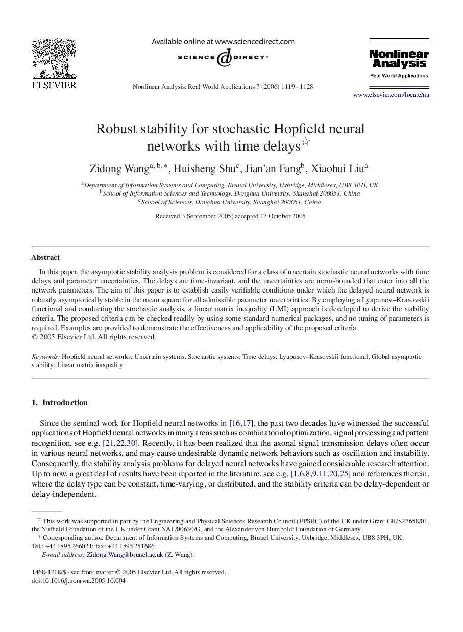 Robust stability for stochastic Hopfield neural networks with time delays 