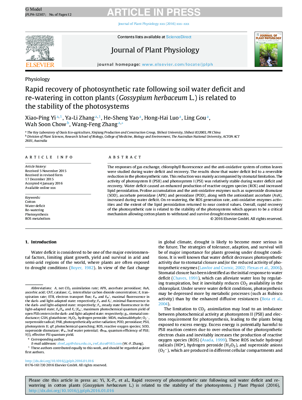 Rapid recovery of photosynthetic rate following soil water deficit and re-watering in cotton plants (Gossypium herbaceum L.) is related to the stability of the photosystems