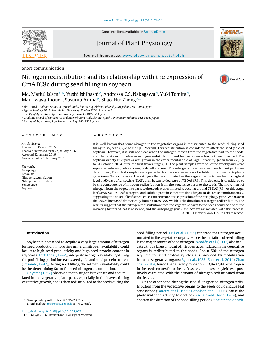 Nitrogen redistribution and its relationship with the expression of GmATG8c during seed filling in soybean