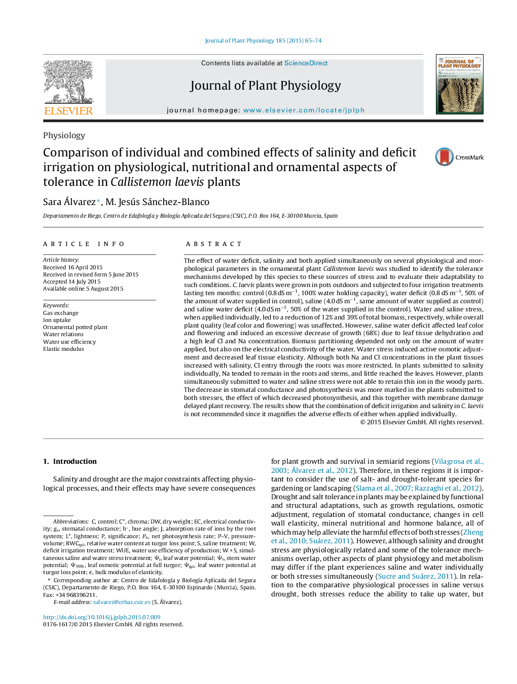 Comparison of individual and combined effects of salinity and deficit irrigation on physiological, nutritional and ornamental aspects of tolerance in Callistemon laevis plants