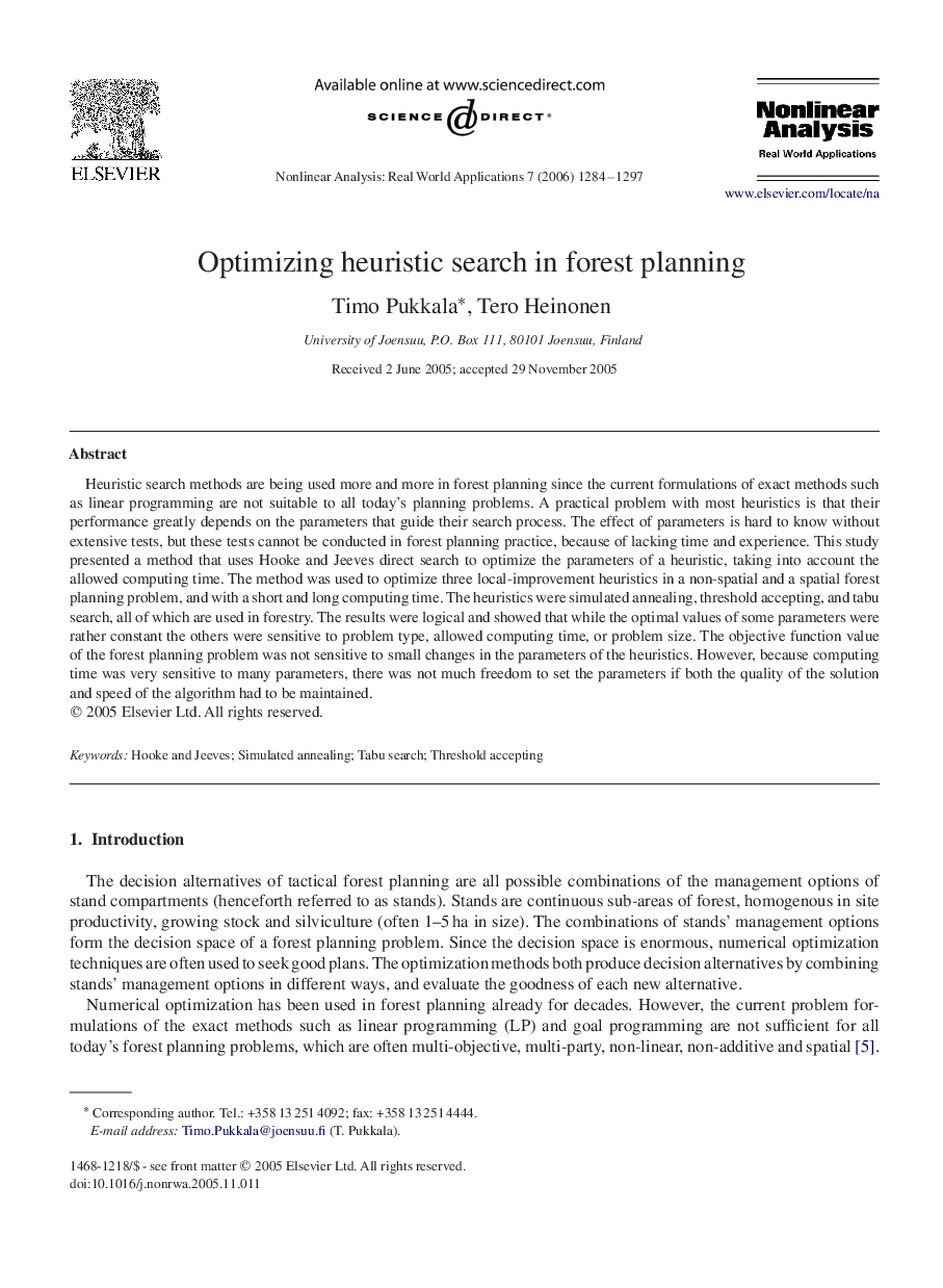 Optimizing heuristic search in forest planning