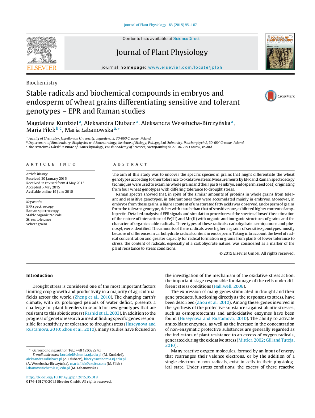 Stable radicals and biochemical compounds in embryos and endosperm of wheat grains differentiating sensitive and tolerant genotypes - EPR and Raman studies