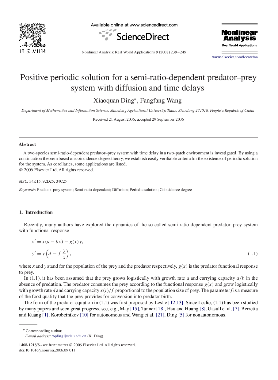 Positive periodic solution for a semi-ratio-dependent predator–prey system with diffusion and time delays