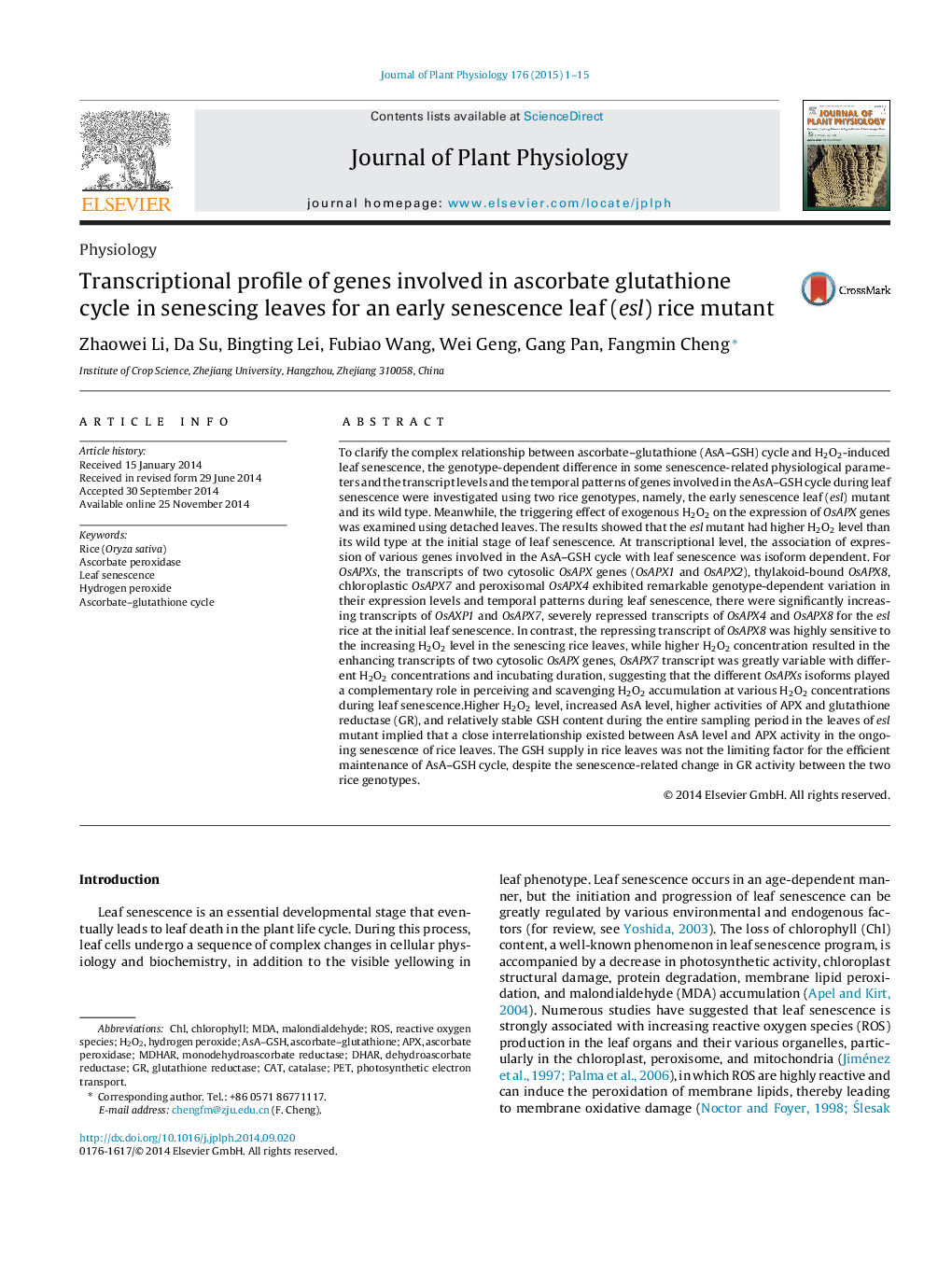 Transcriptional profile of genes involved in ascorbate glutathione cycle in senescing leaves for an early senescence leaf (esl) rice mutant