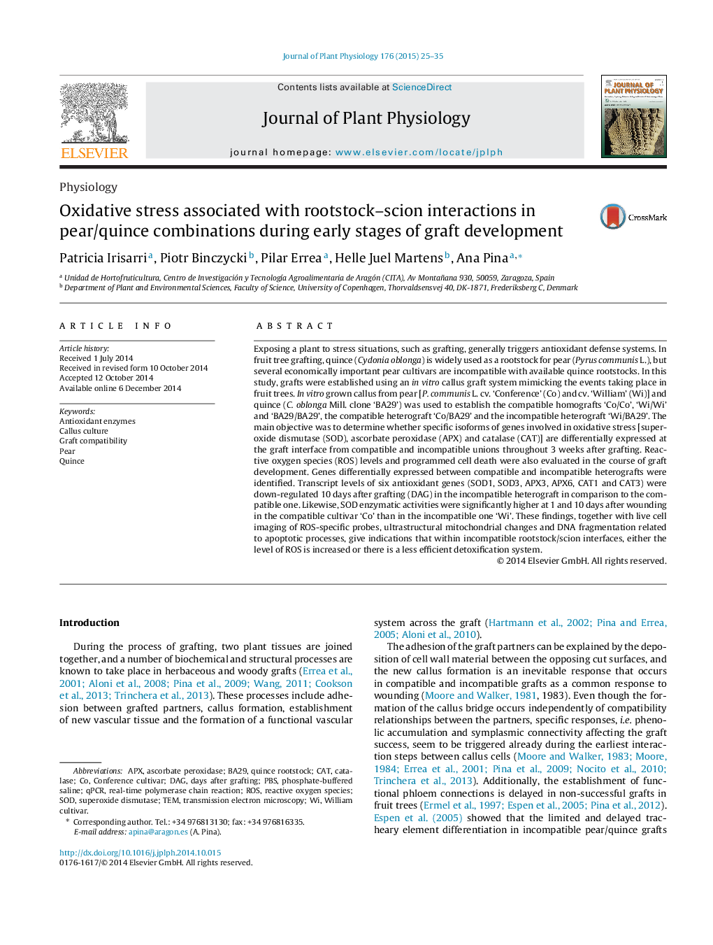 Oxidative stress associated with rootstock-scion interactions in pear/quince combinations during early stages of graft development