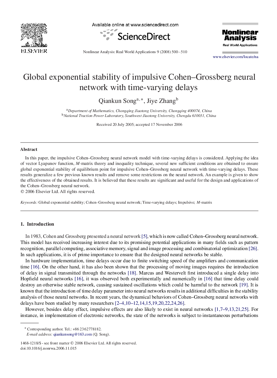 Global exponential stability of impulsive Cohen–Grossberg neural network with time-varying delays