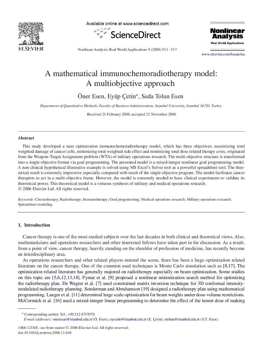 A mathematical immunochemoradiotherapy model: A multiobjective approach