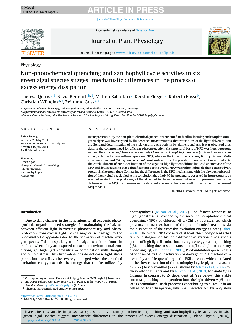 فعالیت های چرخه غیر فتوشیمیایی و خنثی فایلی در شش گونه جلبک سبز، تفاوت های مکانیکی در فرایند انحلال انرژی بیش از حد را نشان می دهد 