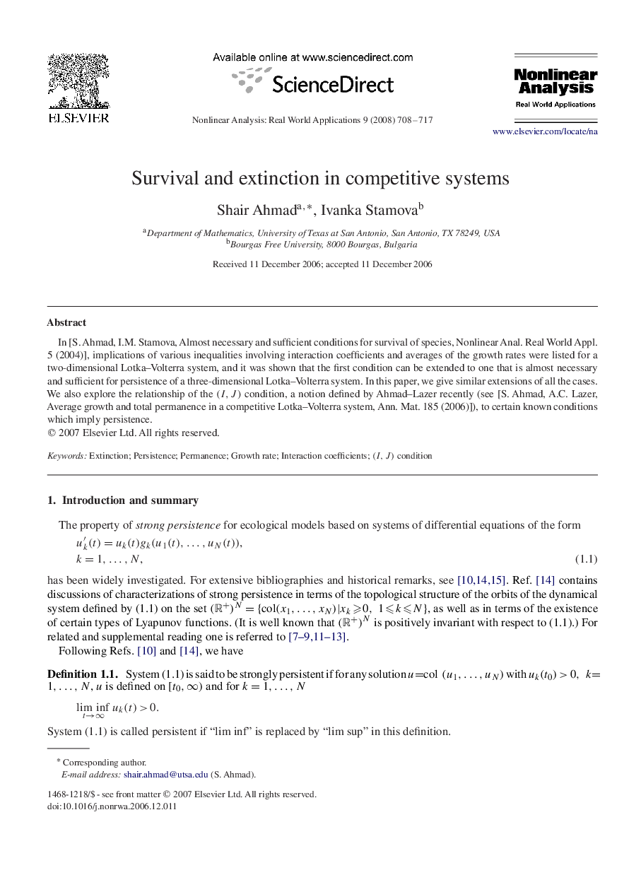 Survival and extinction in competitive systems