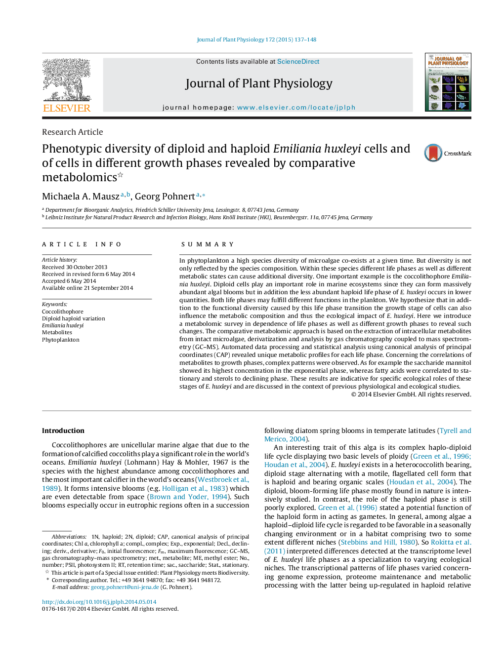 Phenotypic diversity of diploid and haploid Emiliania huxleyi cells and of cells in different growth phases revealed by comparative metabolomics