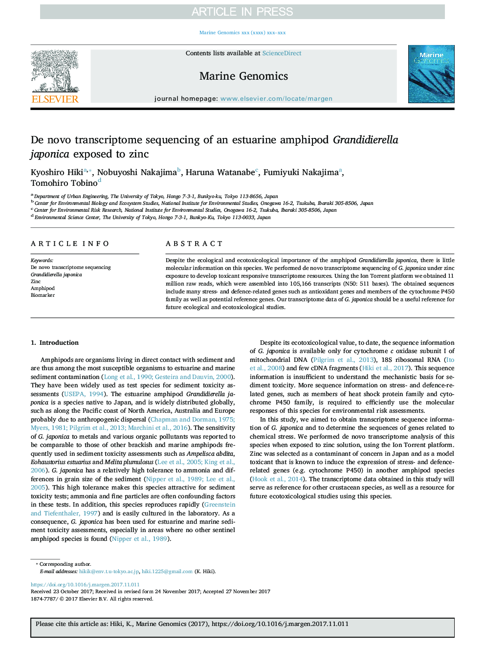 De novo transcriptome sequencing of an estuarine amphipod Grandidierella japonica exposed to zinc