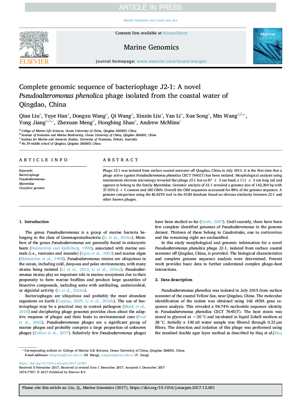 Complete genomic sequence of bacteriophage J2-1: A novel Pseudoalteromonas phenolica phage isolated from the coastal water of Qingdao, China