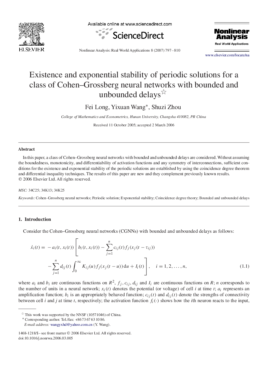 Existence and exponential stability of periodic solutions for a class of Cohen–Grossberg neural networks with bounded and unbounded delays 