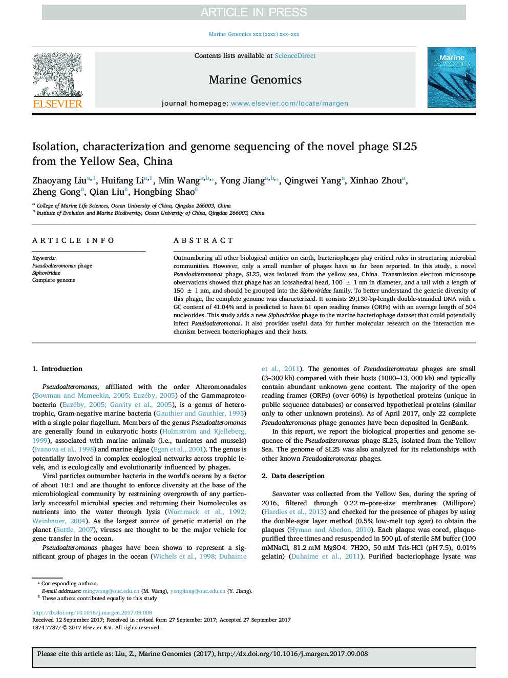 Isolation, characterization and genome sequencing of the novel phage SL25 from the Yellow Sea, China