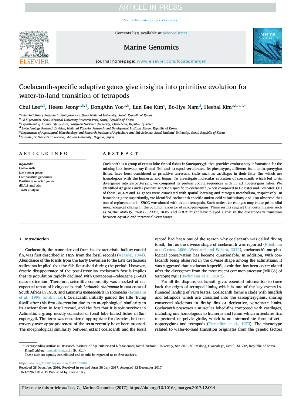 Coelacanth-specific adaptive genes give insights into primitive evolution for water-to-land transition of tetrapods