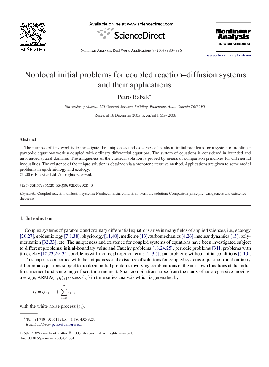 Nonlocal initial problems for coupled reaction–diffusion systems and their applications