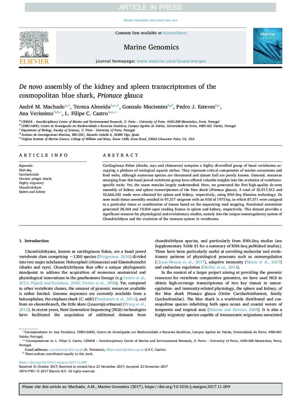 De novo assembly of the kidney and spleen transcriptomes of the cosmopolitan blue shark, Prionace glauca