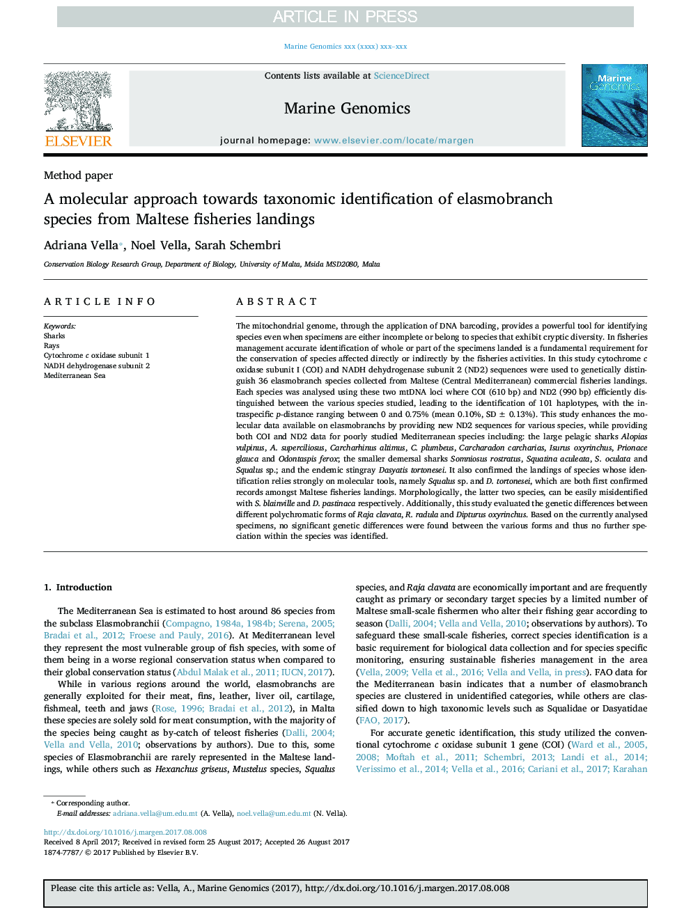 A molecular approach towards taxonomic identification of elasmobranch species from Maltese fisheries landings