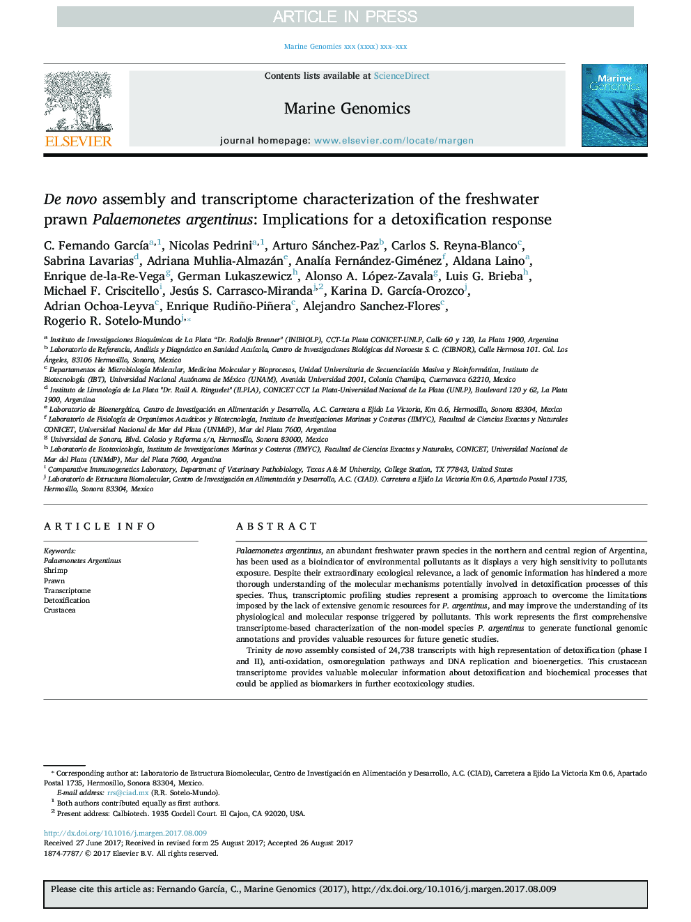 عکس صفحه اول مقاله: De novo assembly and transcriptome characterization of the freshwater prawn Palaemonetes argentinus: Implications for a detoxification response De novo assembly and transcriptome characterization of the freshwater prawn Palaemonetes argentinus: Implications for a detoxification response