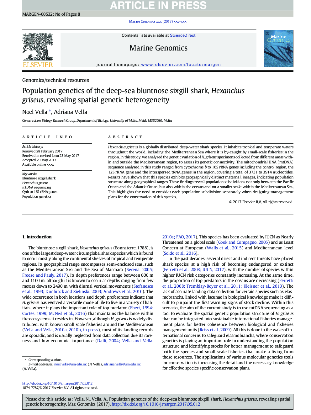 Population genetics of the deep-sea bluntnose sixgill shark, Hexanchus griseus, revealing spatial genetic heterogeneity