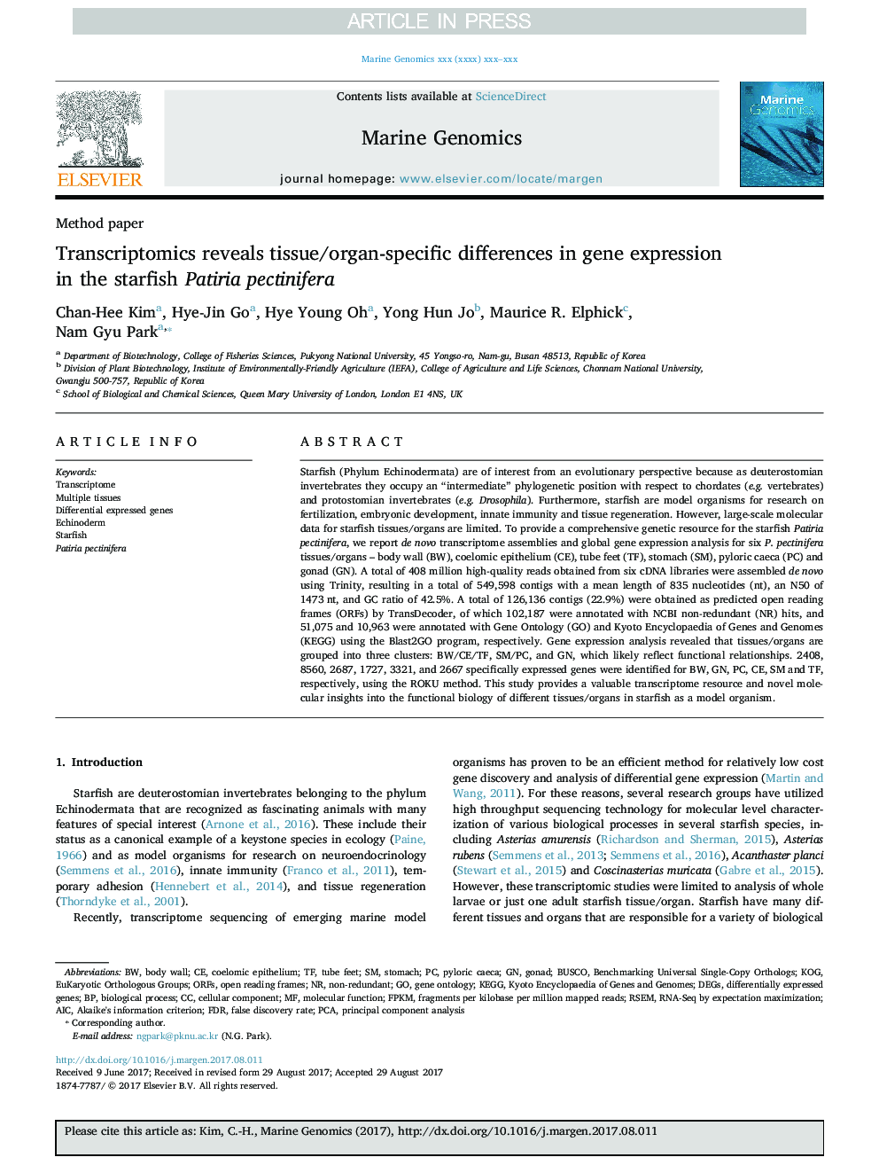 Transcriptomics reveals tissue/organ-specific differences in gene expression in the starfish Patiria pectinifera