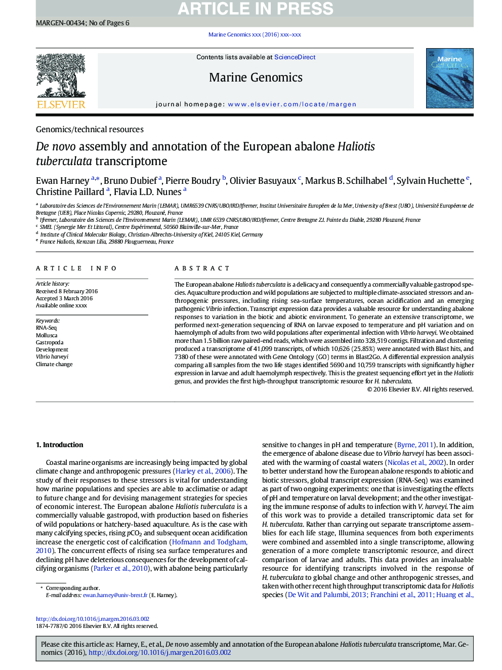 De novo assembly and annotation of the European abalone Haliotis tuberculata transcriptome