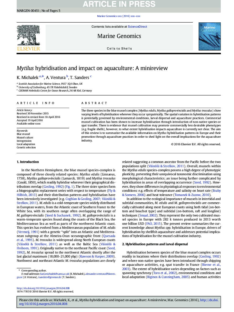 Mytilus hybridisation and impact on aquaculture: A minireview