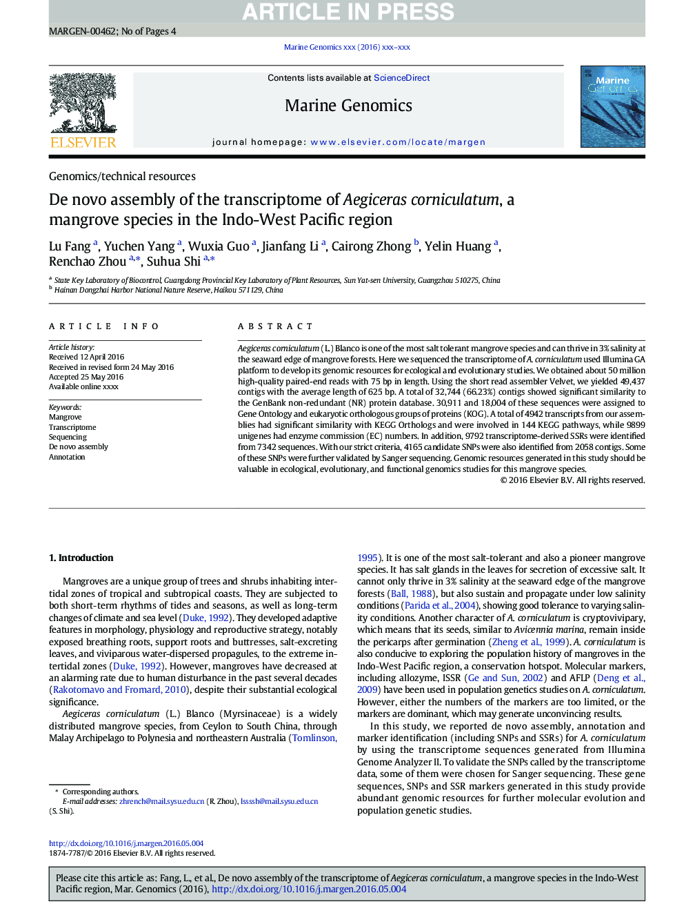 De novo assembly of the transcriptome of Aegiceras corniculatum, a mangrove species in the Indo-West Pacific region