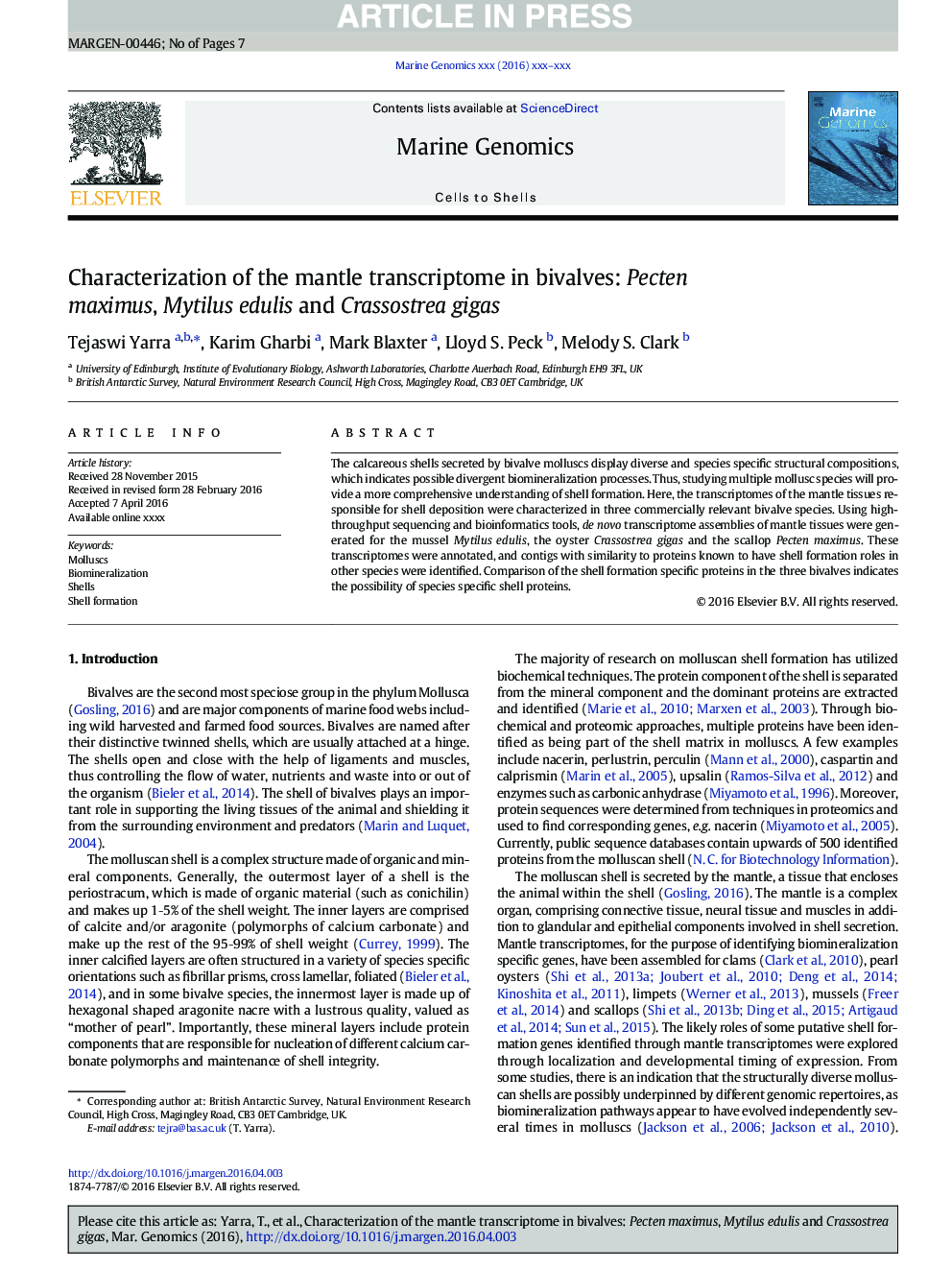 Characterization of the mantle transcriptome in bivalves: Pecten maximus, Mytilus edulis and Crassostrea gigas