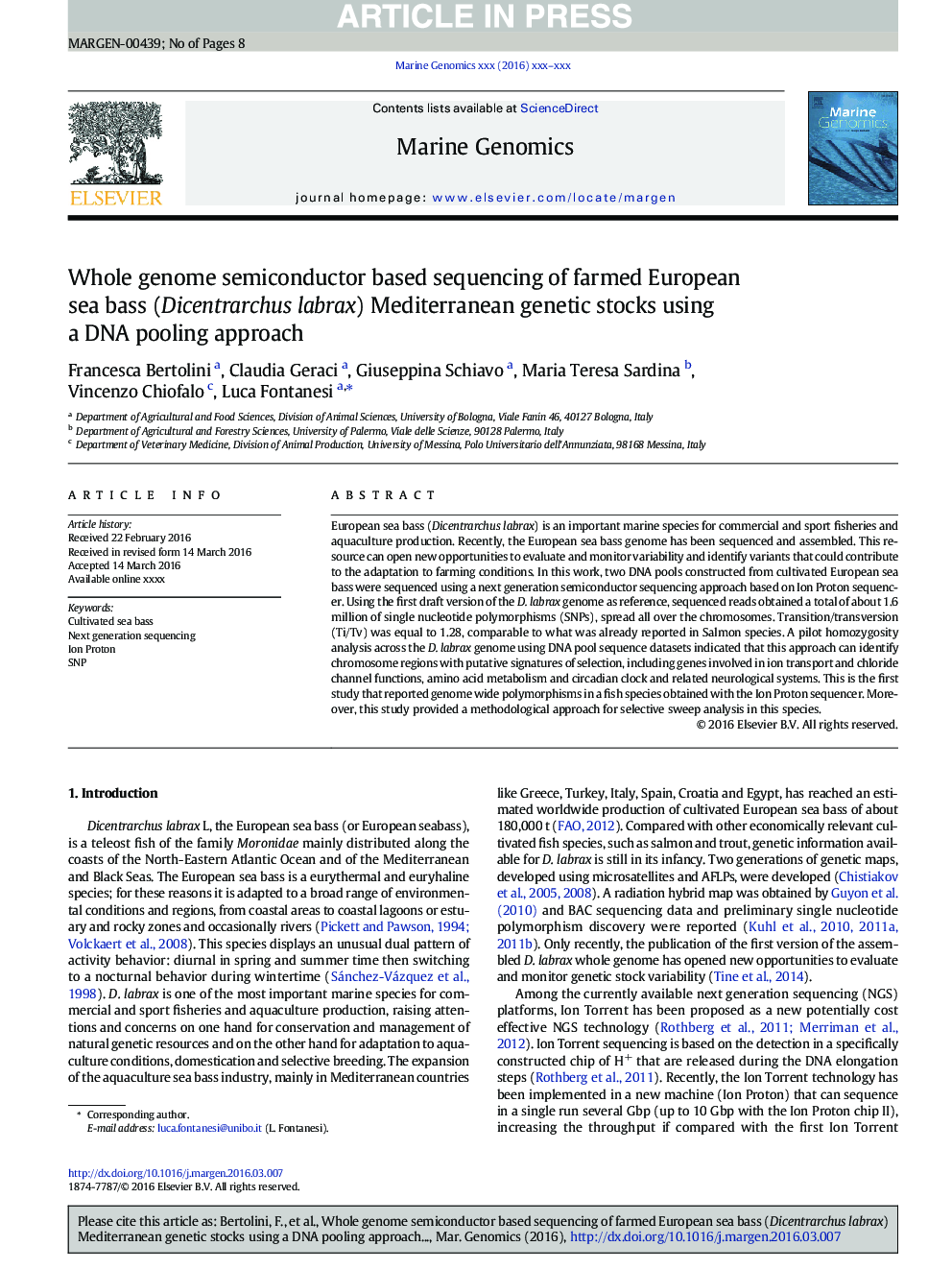 Whole genome semiconductor based sequencing of farmed European sea bass (Dicentrarchus labrax) Mediterranean genetic stocks using a DNA pooling approach