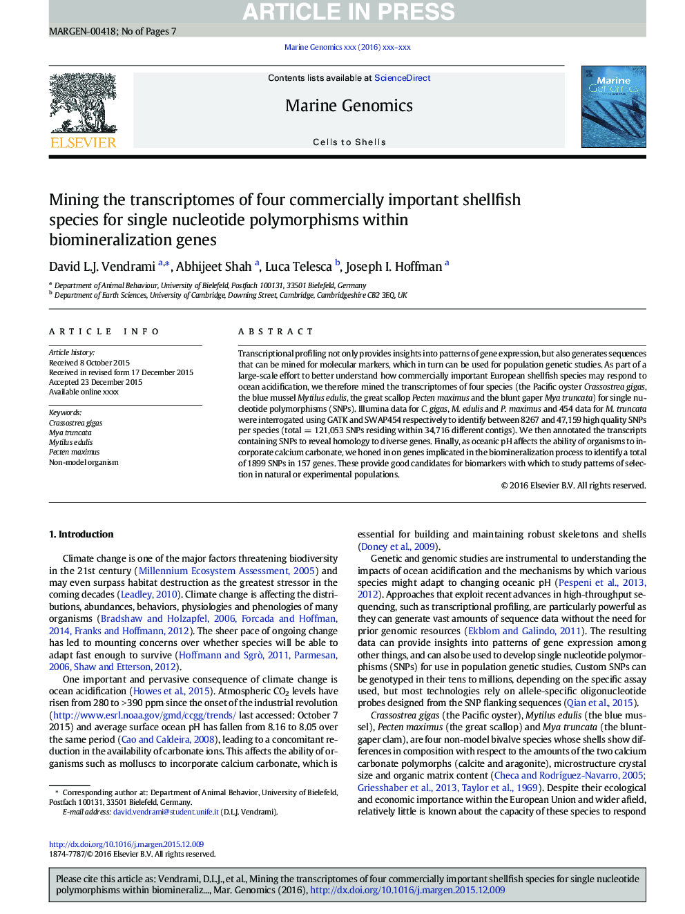 Mining the transcriptomes of four commercially important shellfish species for single nucleotide polymorphisms within biomineralization genes