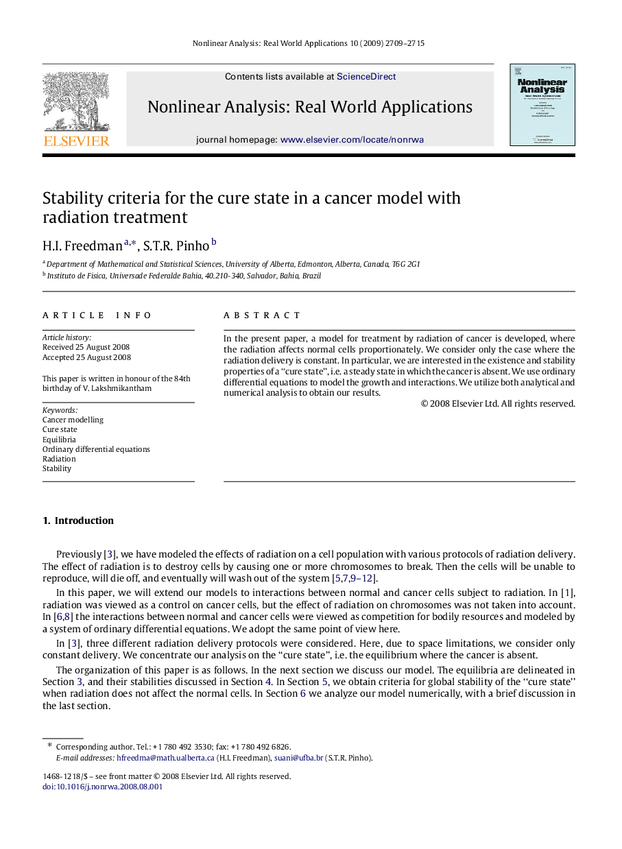 Stability criteria for the cure state in a cancer model with radiation treatment