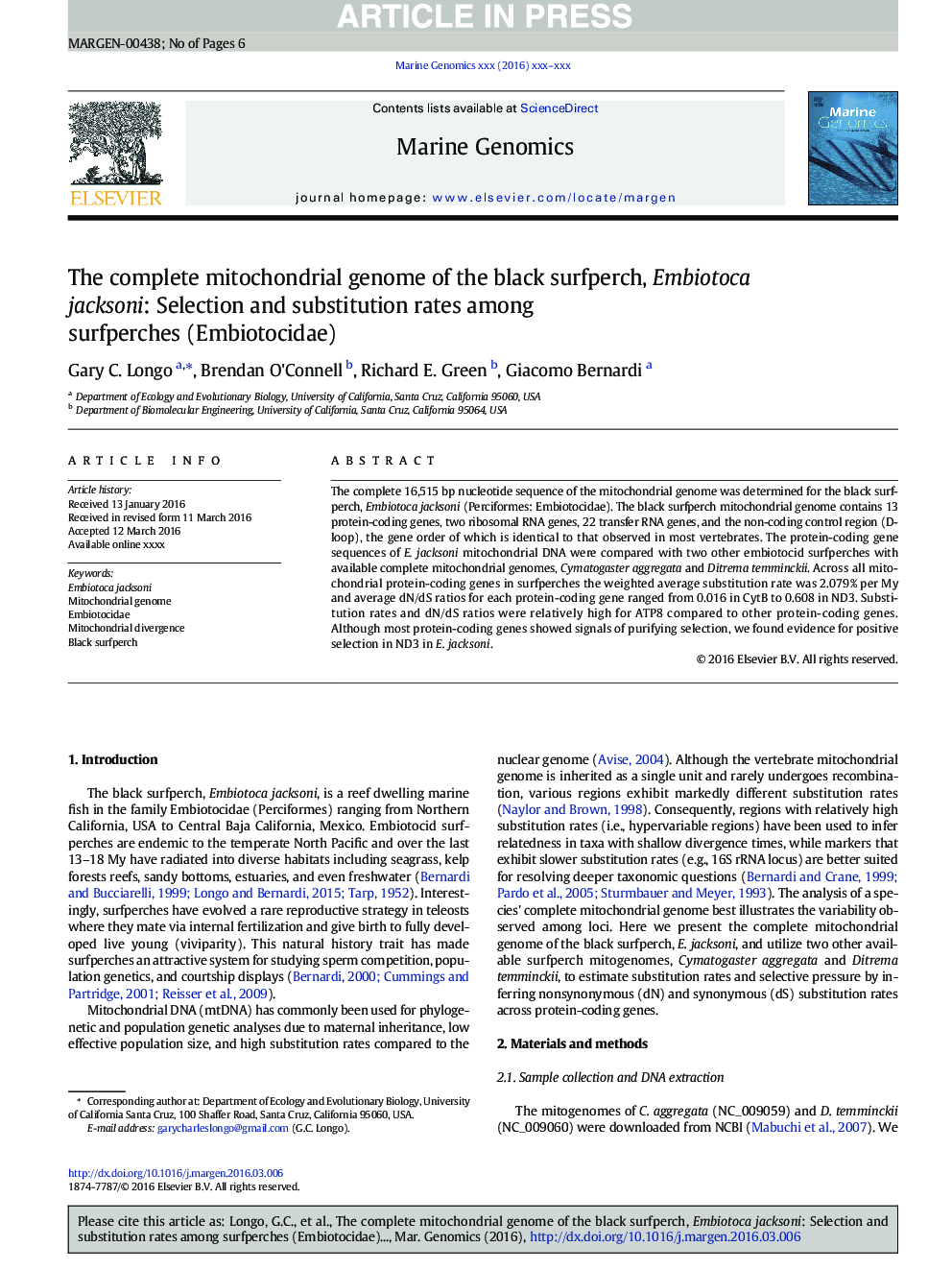 The complete mitochondrial genome of the black surfperch, Embiotoca jacksoni: Selection and substitution rates among surfperches (Embiotocidae)