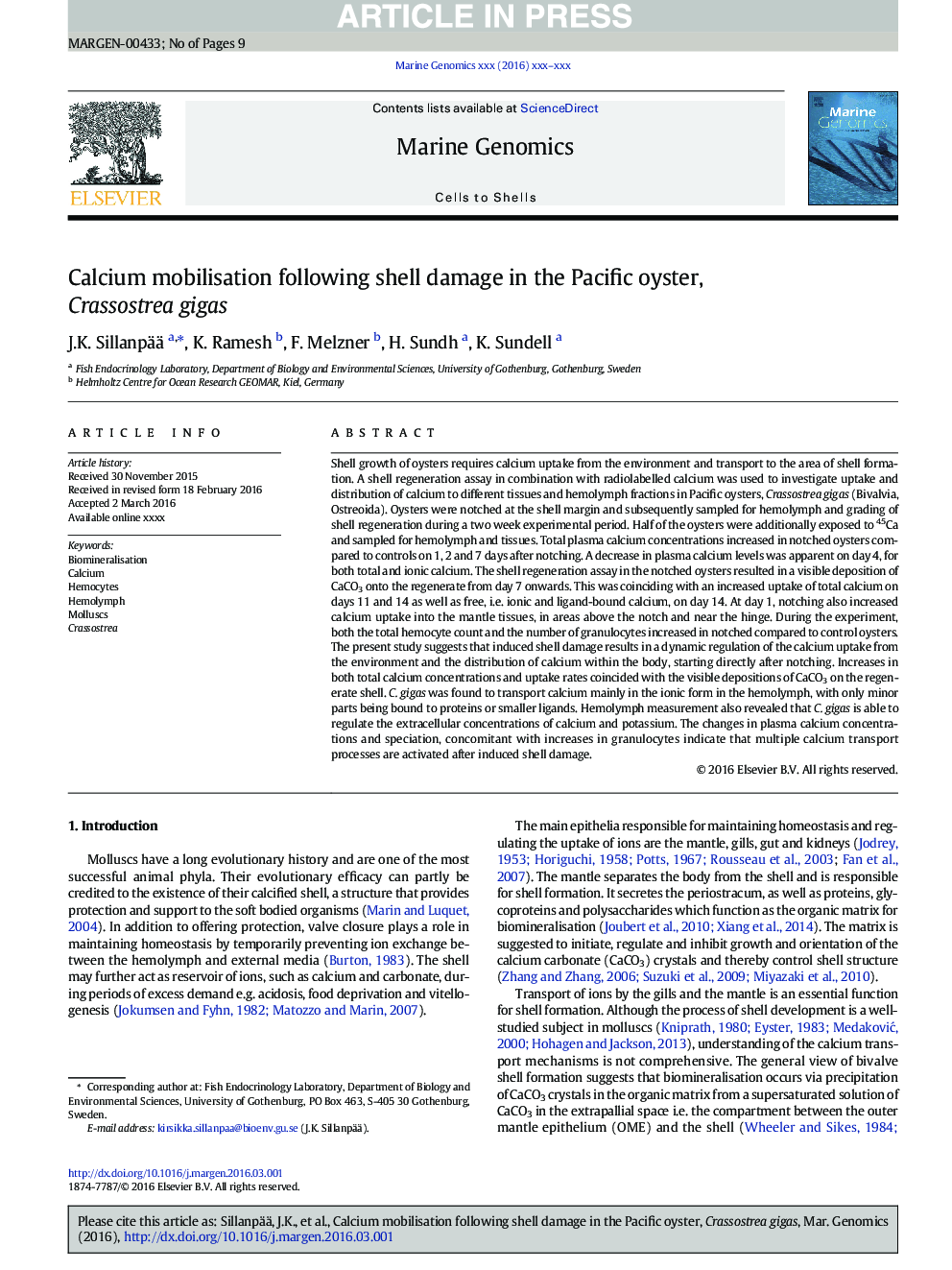 Calcium mobilisation following shell damage in the Pacific oyster, Crassostrea gigas