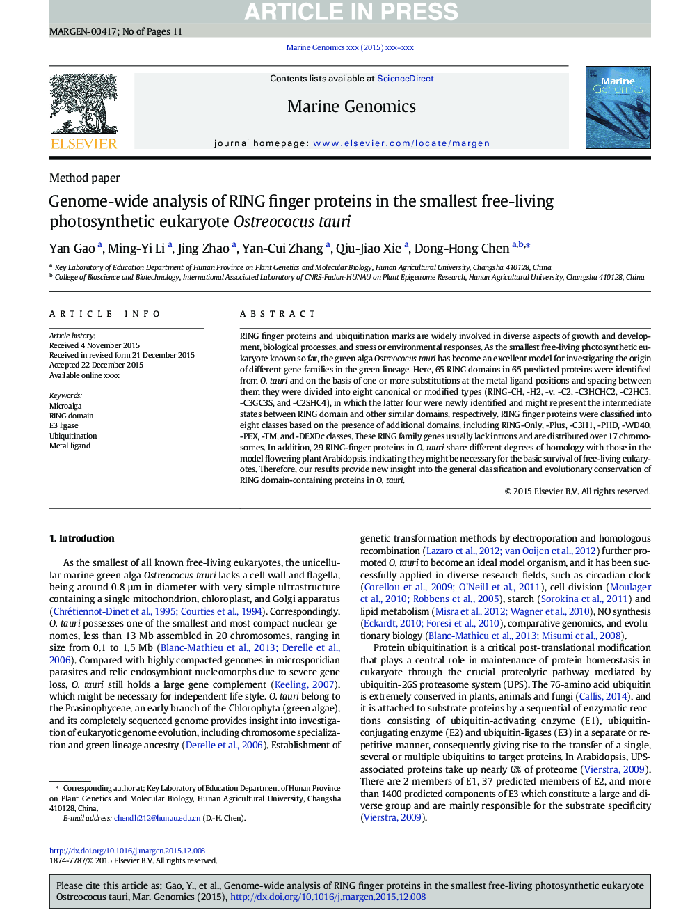 Genome-wide analysis of RING finger proteins in the smallest free-living photosynthetic eukaryote Ostreococus tauri