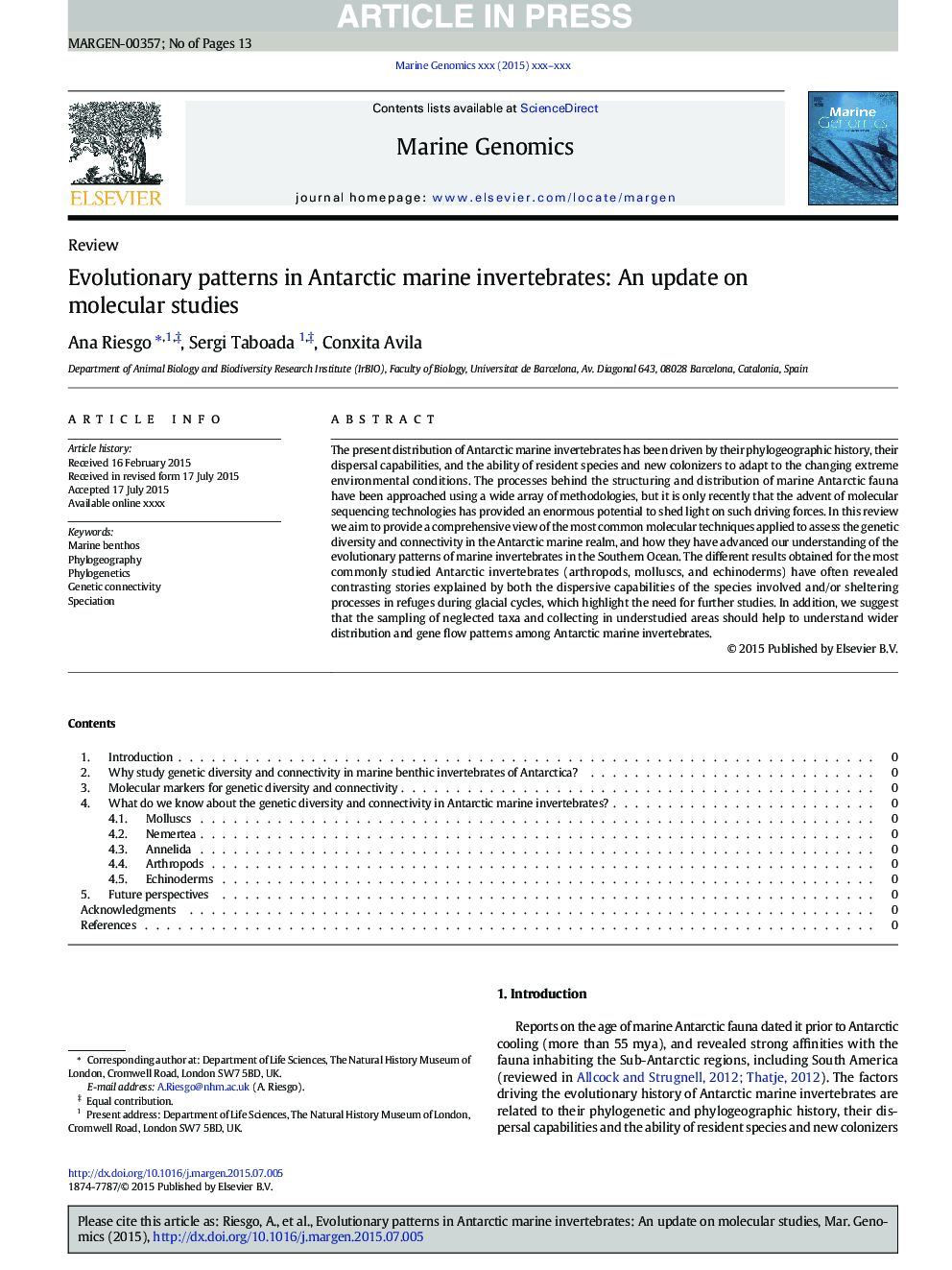 Evolutionary patterns in Antarctic marine invertebrates: An update on molecular studies