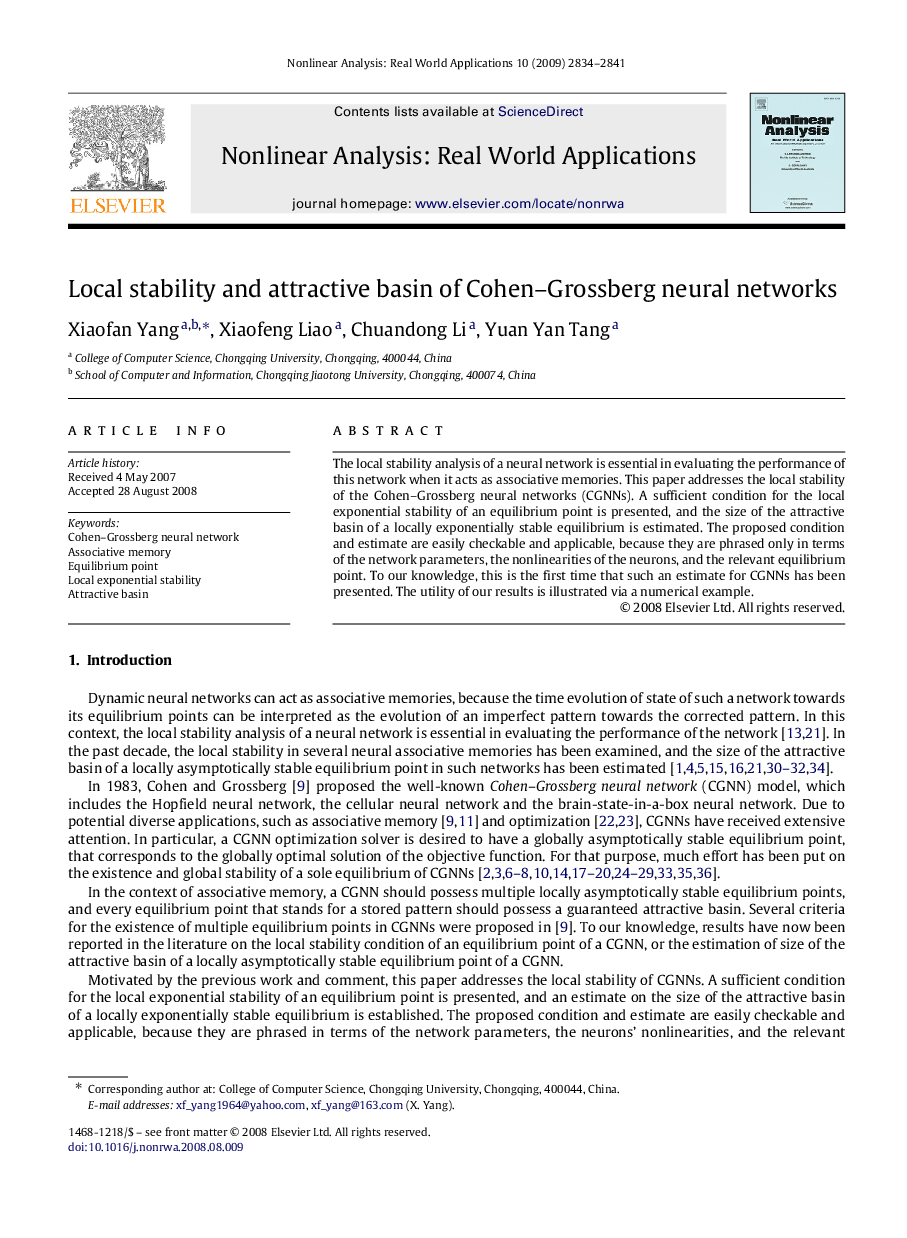 Local stability and attractive basin of Cohen–Grossberg neural networks