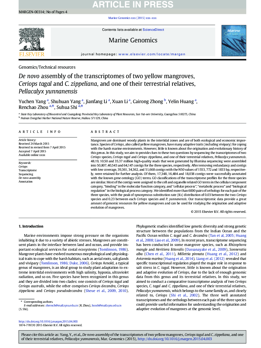 De novo assembly of the transcriptomes of two yellow mangroves, Ceriops tagal and C. zippeliana, and one of their terrestrial relatives, Pellacalyx yunnanensis