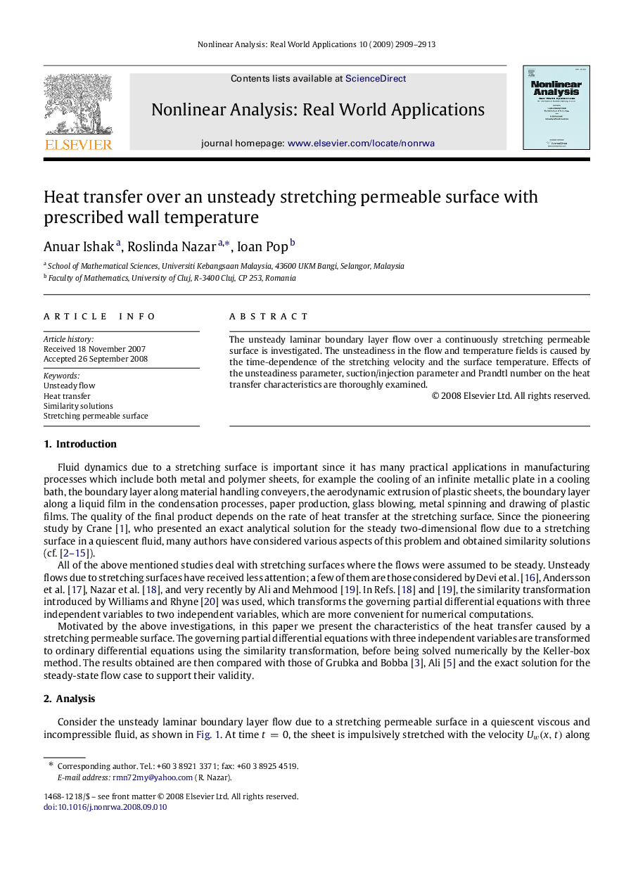 Heat transfer over an unsteady stretching permeable surface with prescribed wall temperature