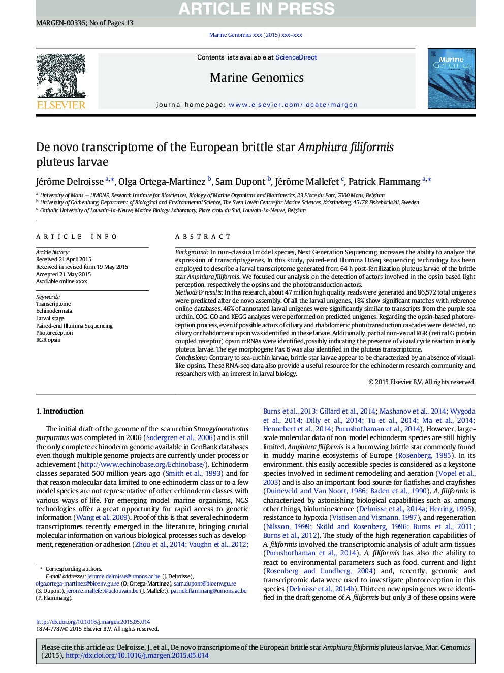 De novo transcriptome of the European brittle star Amphiura filiformis pluteus larvae