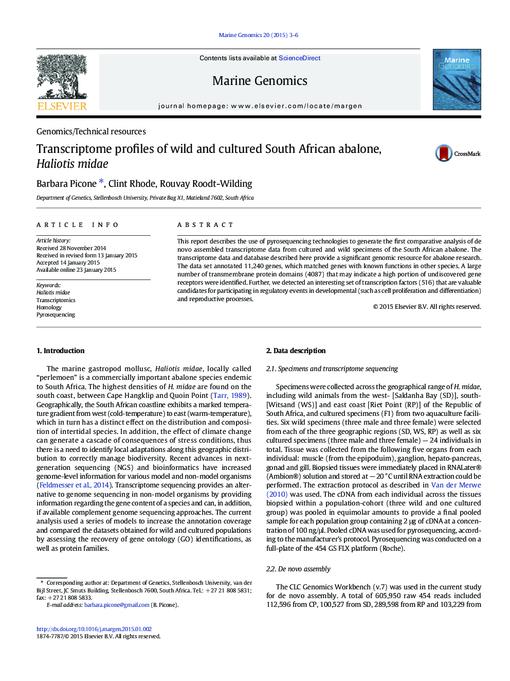 Transcriptome profiles of wild and cultured South African abalone, Haliotis midae