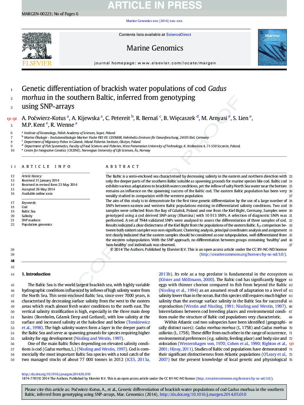 Genetic differentiation of brackish water populations of cod Gadus morhua in the southern Baltic, inferred from genotyping using SNP-arrays