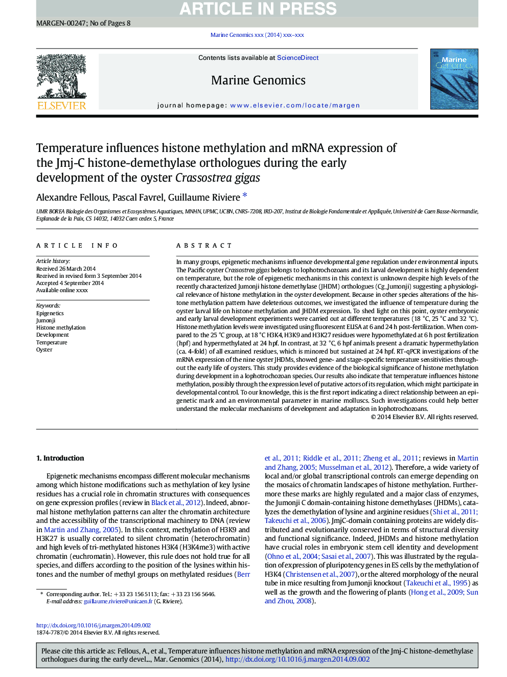 Temperature influences histone methylation and mRNA expression of the Jmj-C histone-demethylase orthologues during the early development of the oyster Crassostrea gigas